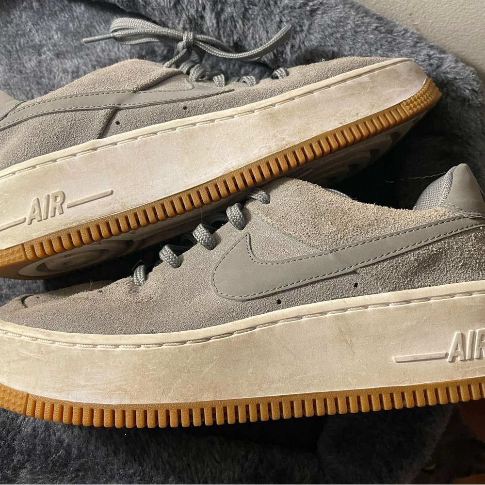 Nike Air Force One gray suede with white platform sole. Women’s 8.5M